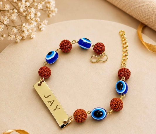 Metal rudraksh and evil eye rakhi